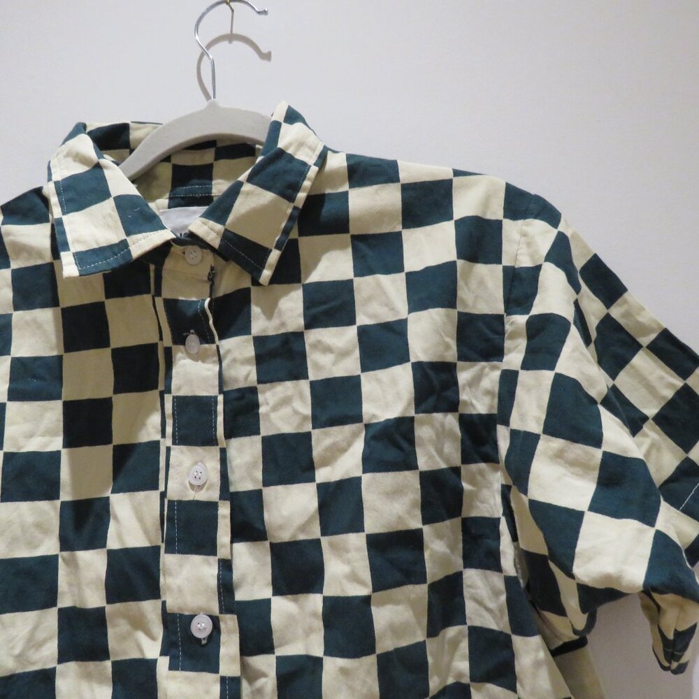 DUSHYANT Hand Printed 'The Cami' Crop Shirt in Green & White Chessboard Mod XS - Picture 8 of 13